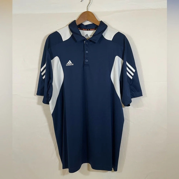 Adidas Blue Polo Shirt Men's XL Climalite with Striped Sleeves - Picture 1 of 5